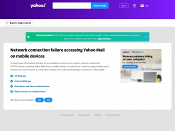 Network connection failure accessing Yahoo Mail on mobile ...