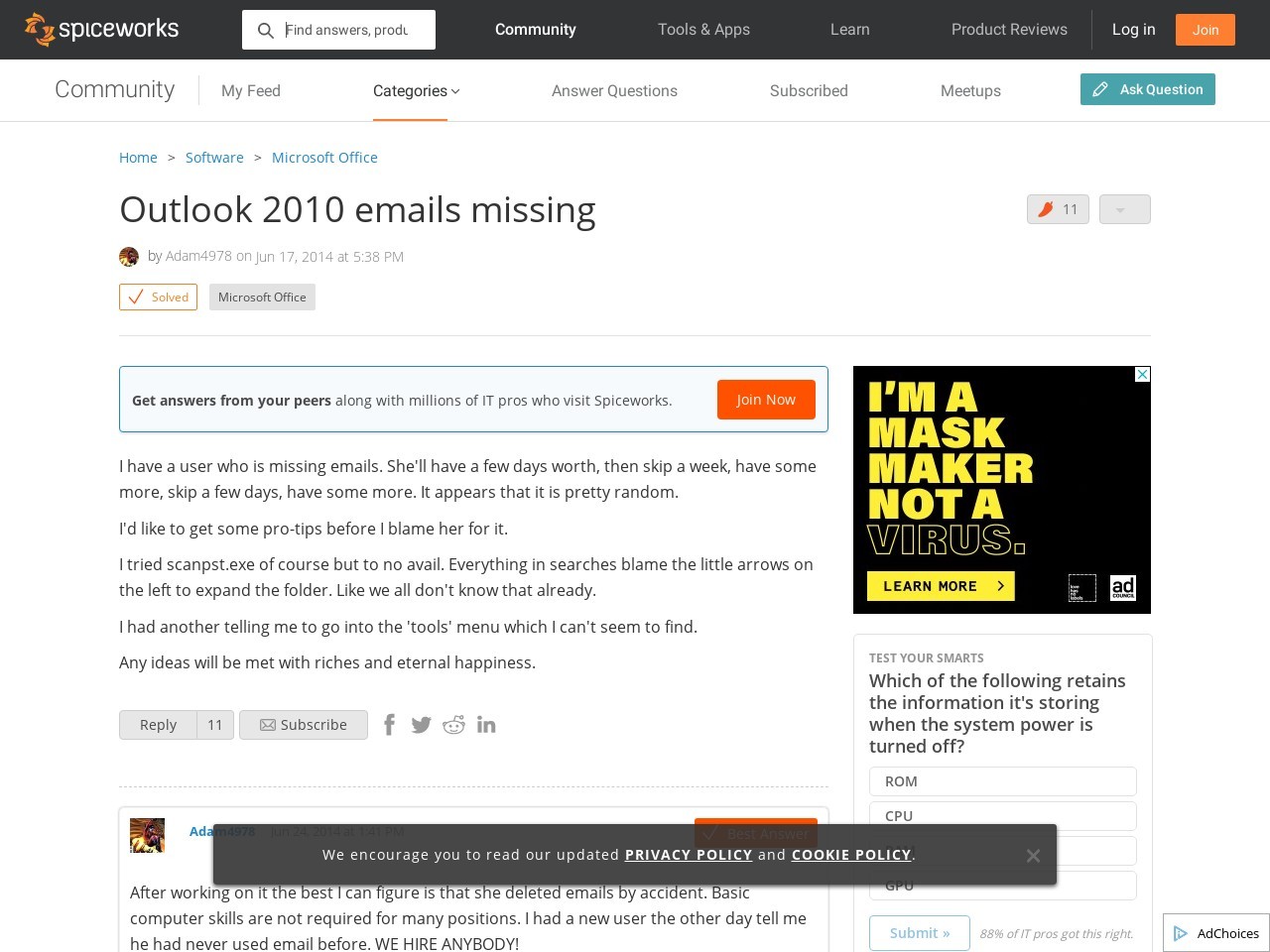 [SOLVED] Outlook 2010 emails missing